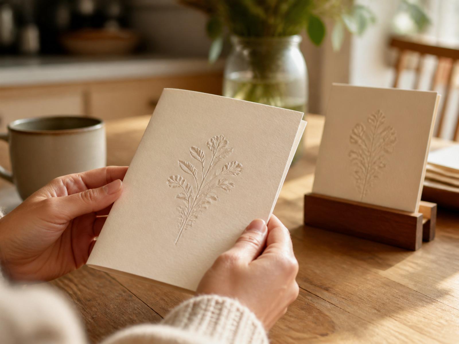 Hands holding a cream letterpress card beside a wooden display stand on a sunlit table
