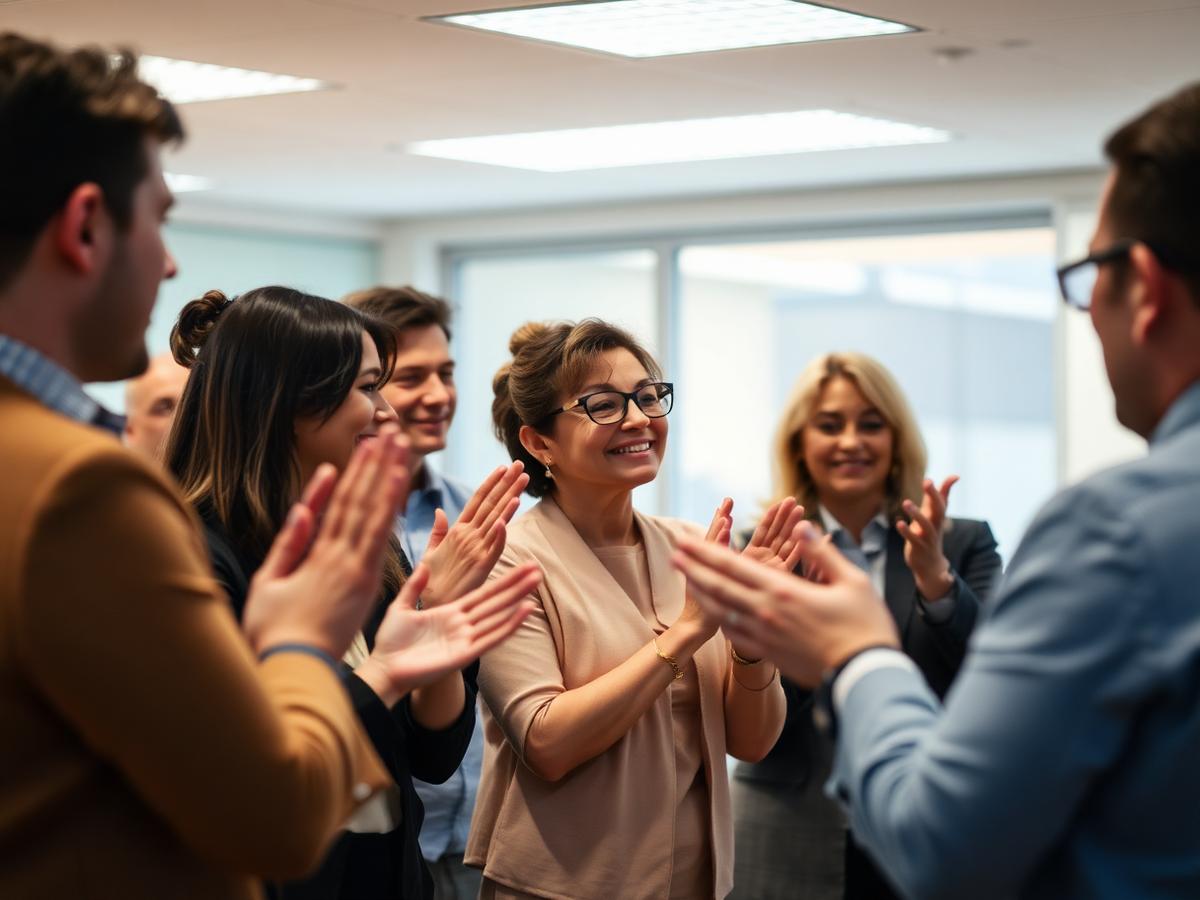 Colleagues applauding a retiring coworker in a bright office