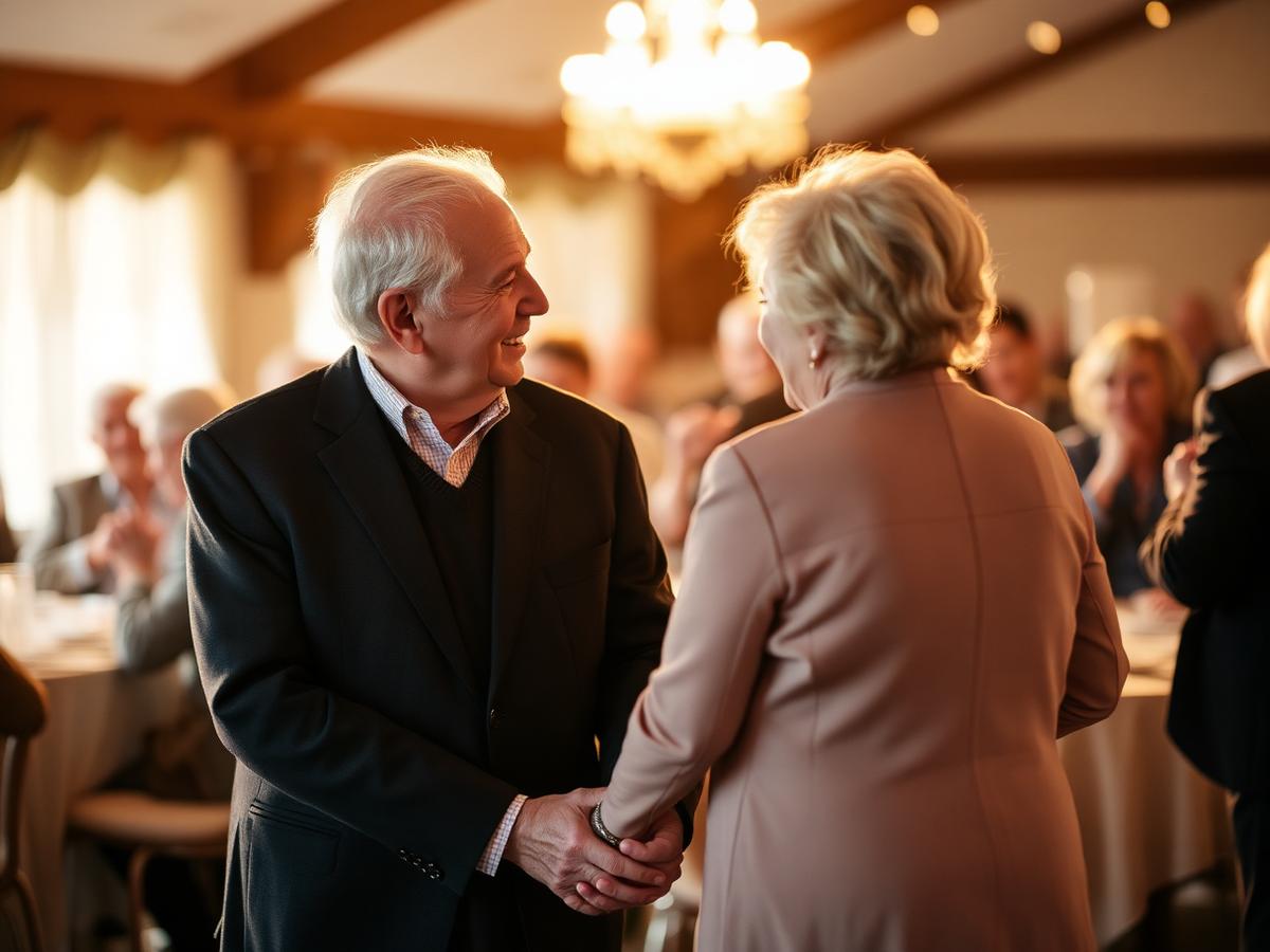 An older couple holding hands at a warmly lit anniversary celebration