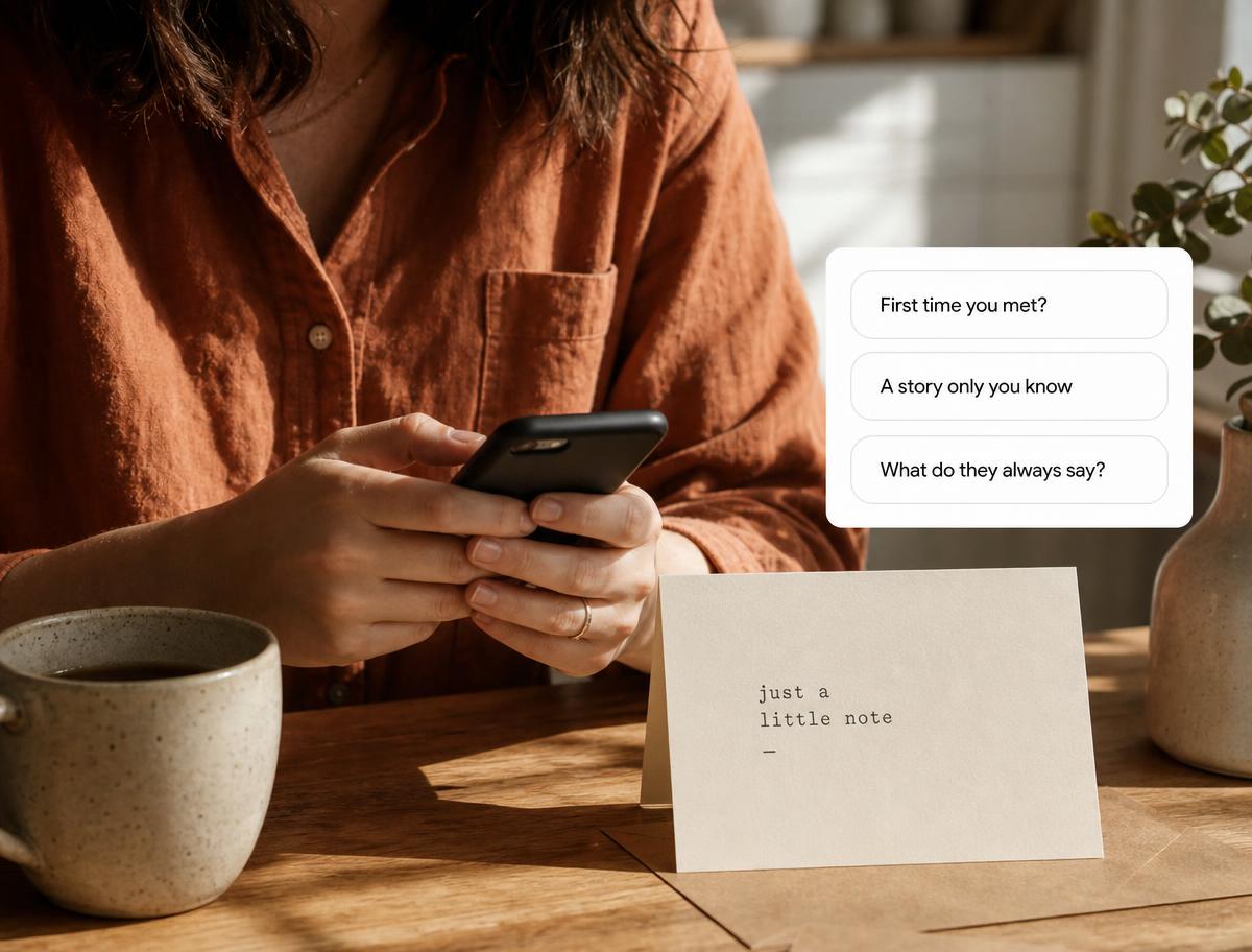 Someone at a sunlit kitchen table writing a note on their phone, with prompt questions floating beside a cream card